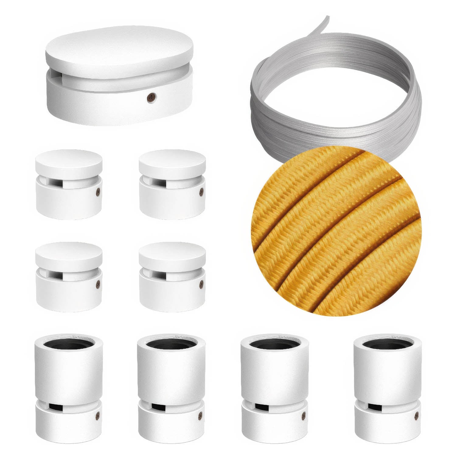Sistema Filé Symmetric Kit - con cavo CM05 di 5 m per catenaria e 9 componenti in legno verniciato bianco per interni