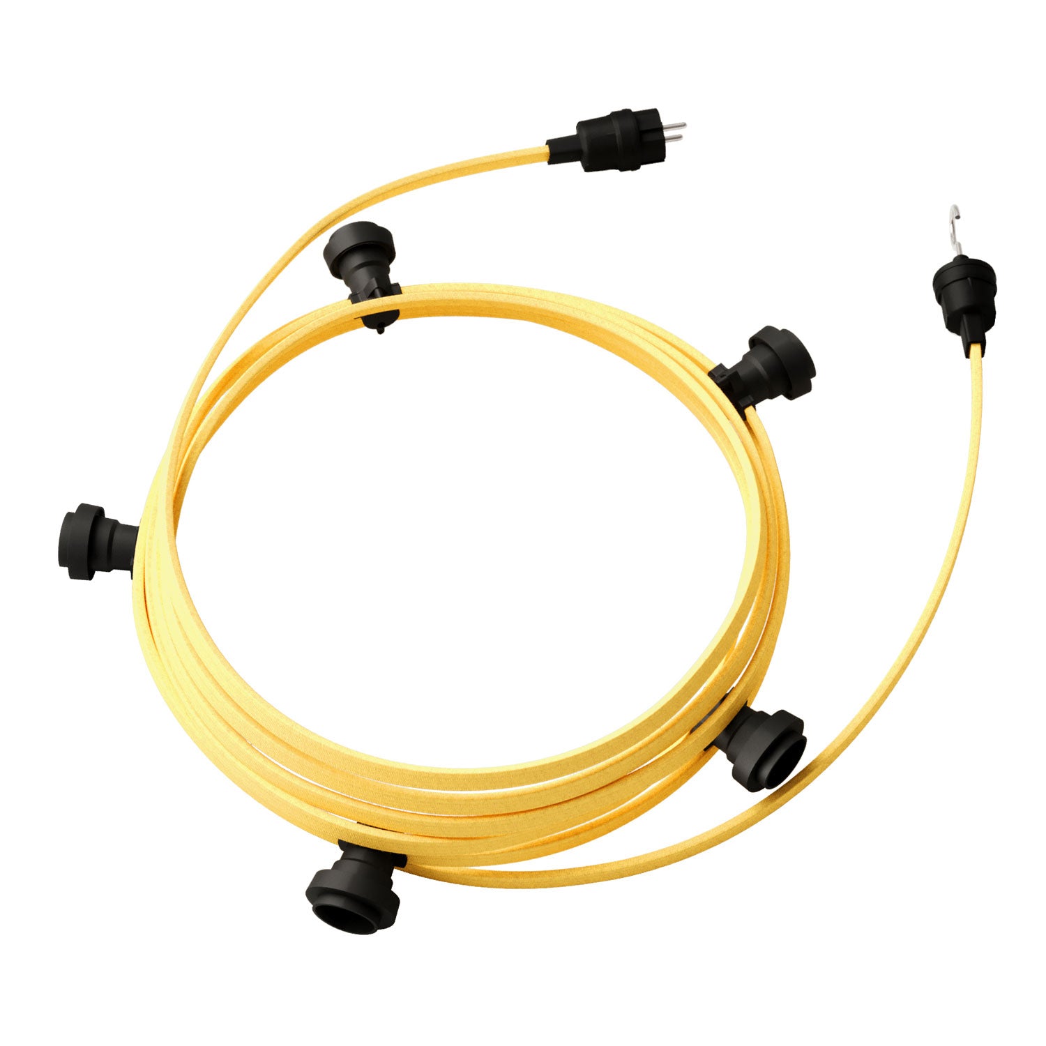 Catenaria Sistema Lumet da 7,5 m con cavo tessile CM10, 5 portalampada, gancio e spina neri