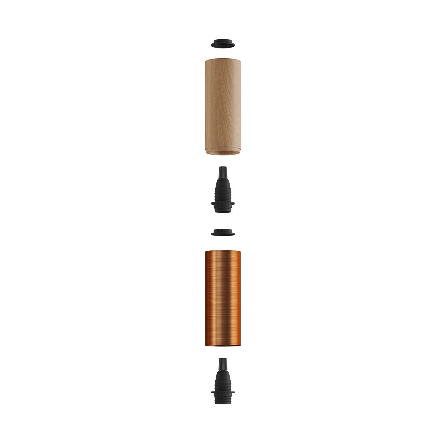 Tub-E14, tubo in legno e metallo per faretto con portalampada doppia ghiera E14 - Neutro e Rame satinato