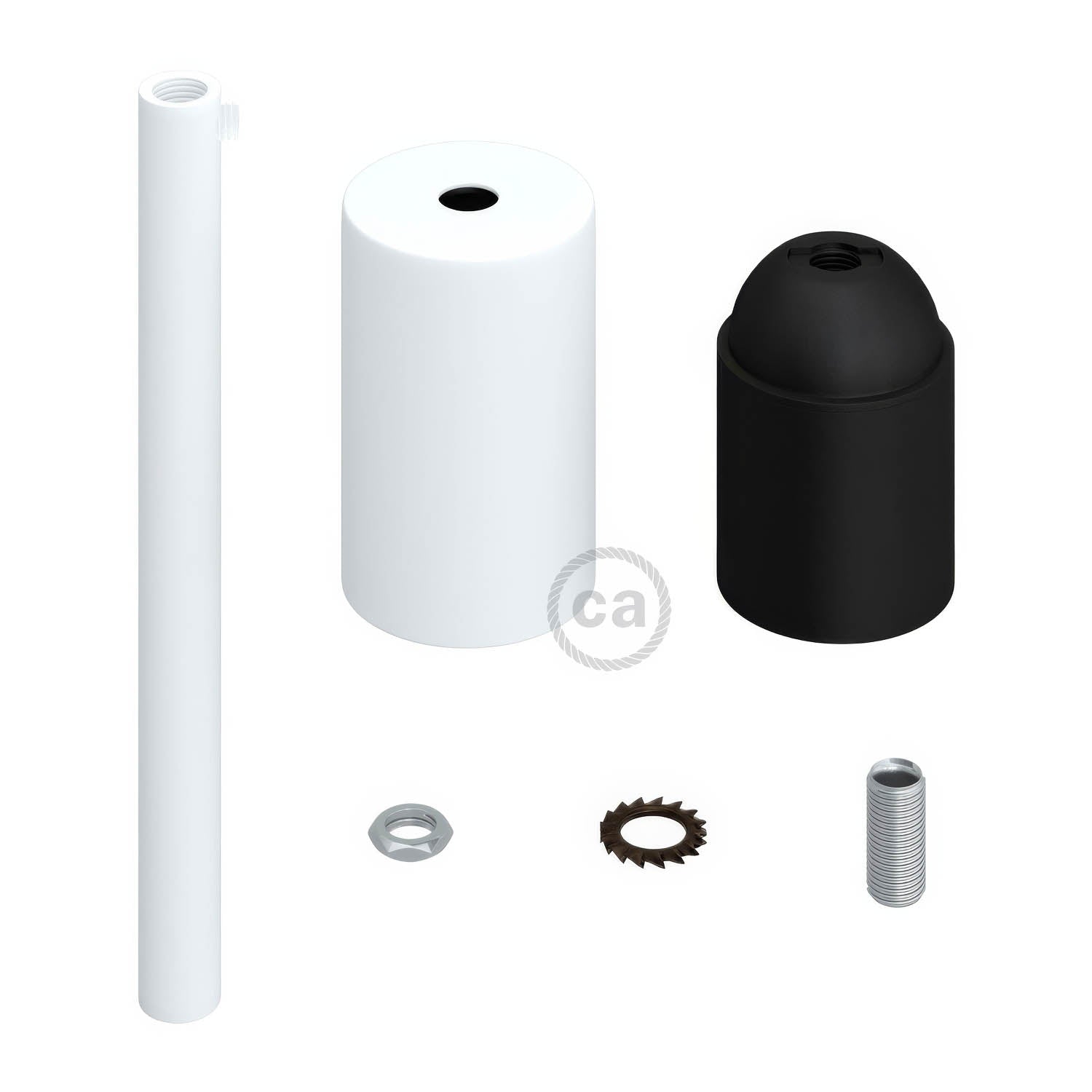 Kit portalampada E27 cilindrico in metallo con serracavo da 15 cm - Bianco opaco