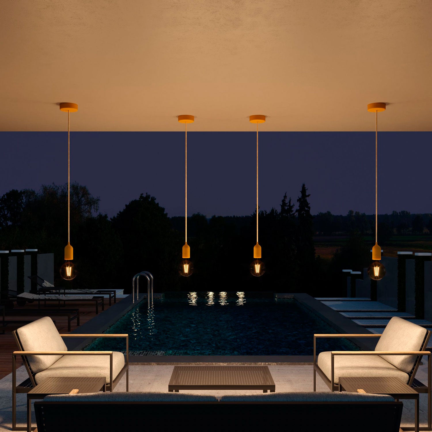 Modulair PASTEL Lampada da esterno con 1,5 m cavo tessile, rosone e portalampada in silicone IP65 waterproof - Mostarda