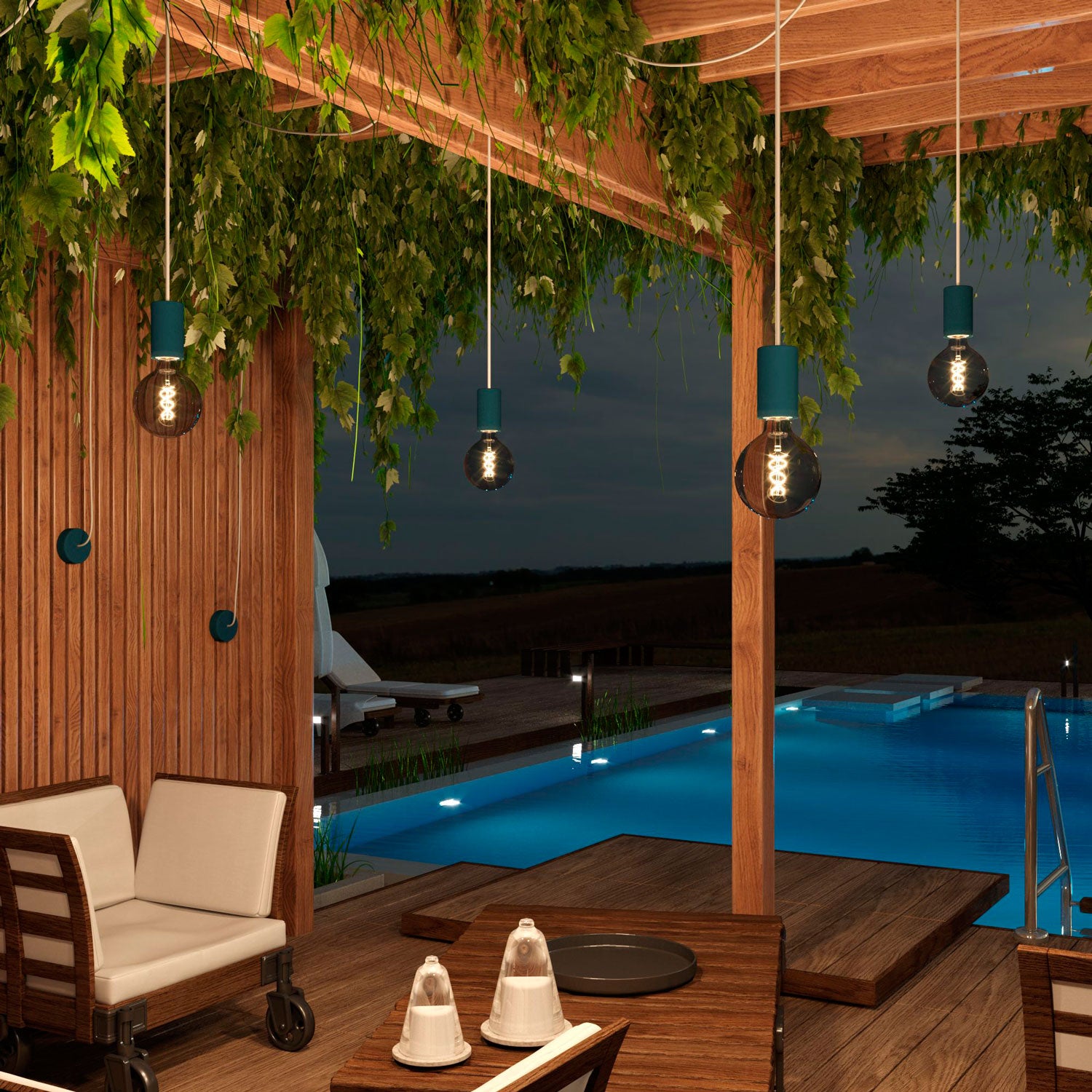 Modulair ELEGANT Lampada da esterno con 5 m cavo tessile, decentatore, rosone e portalampada IP65 waterproof - Petrolio