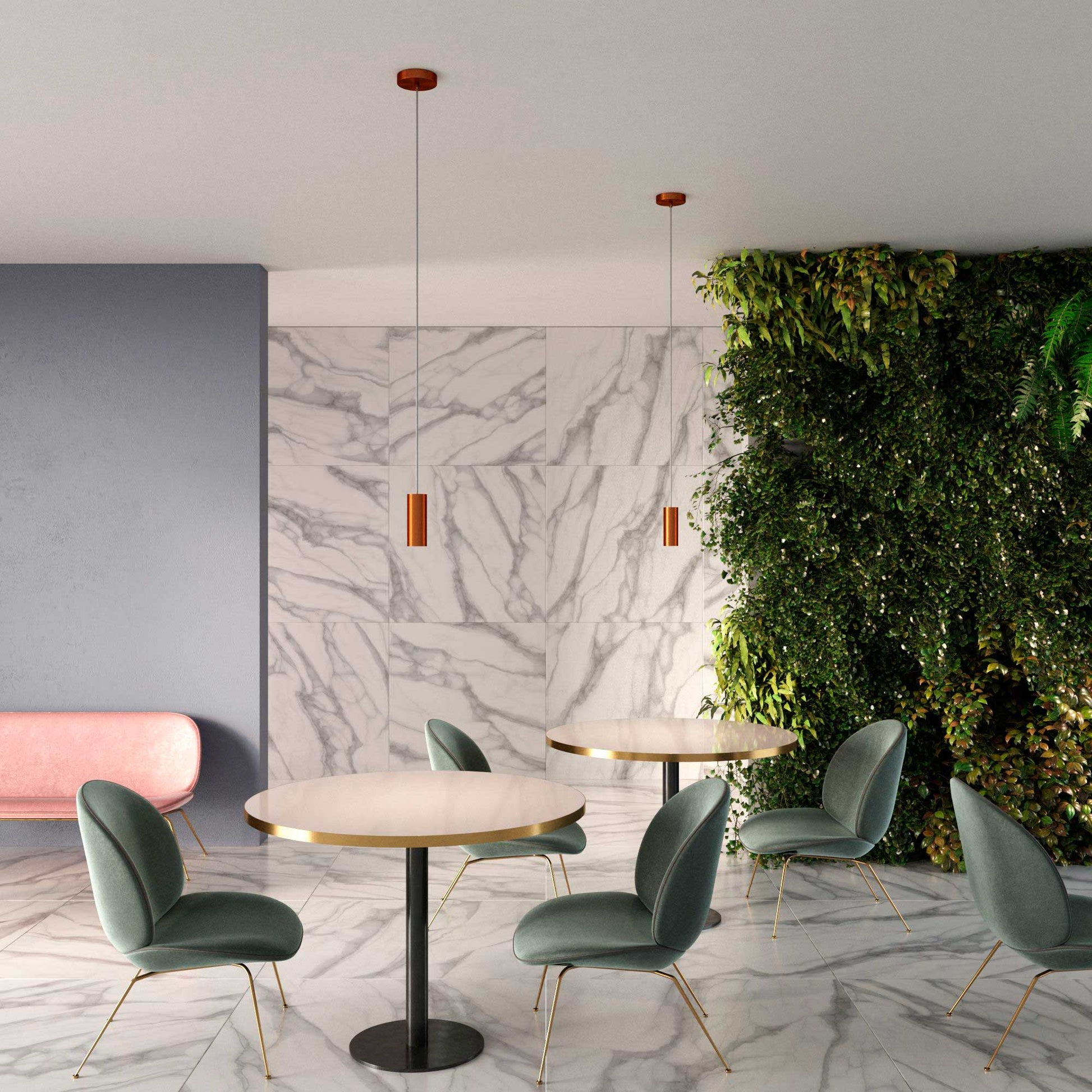 Lampada a sospensione completa di cavo tessile, paralume Tub-E14 e finiture in metallo - Rame satinato