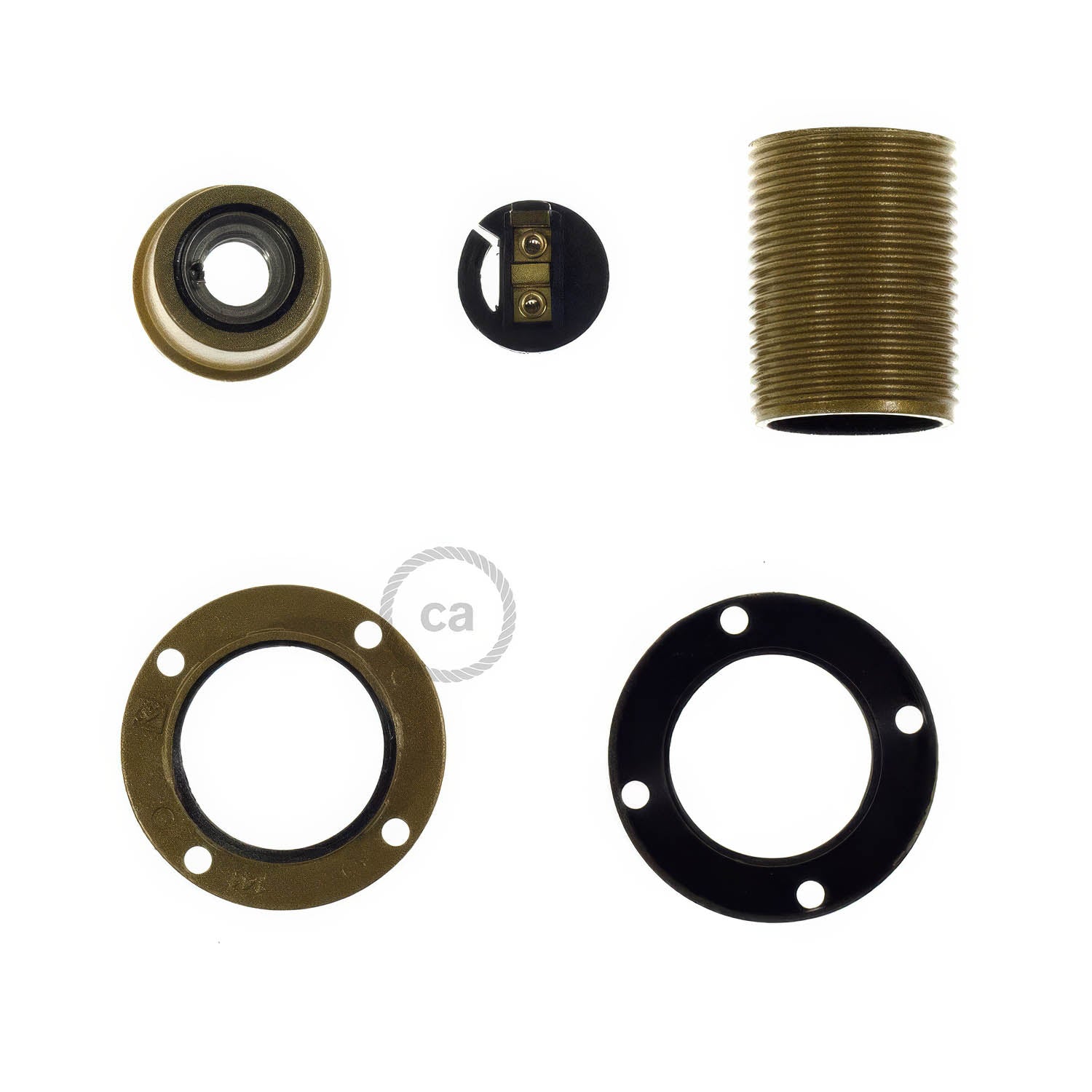 Kit portalampada E14 in bakelite con doppia ghiera per paralume - Oro