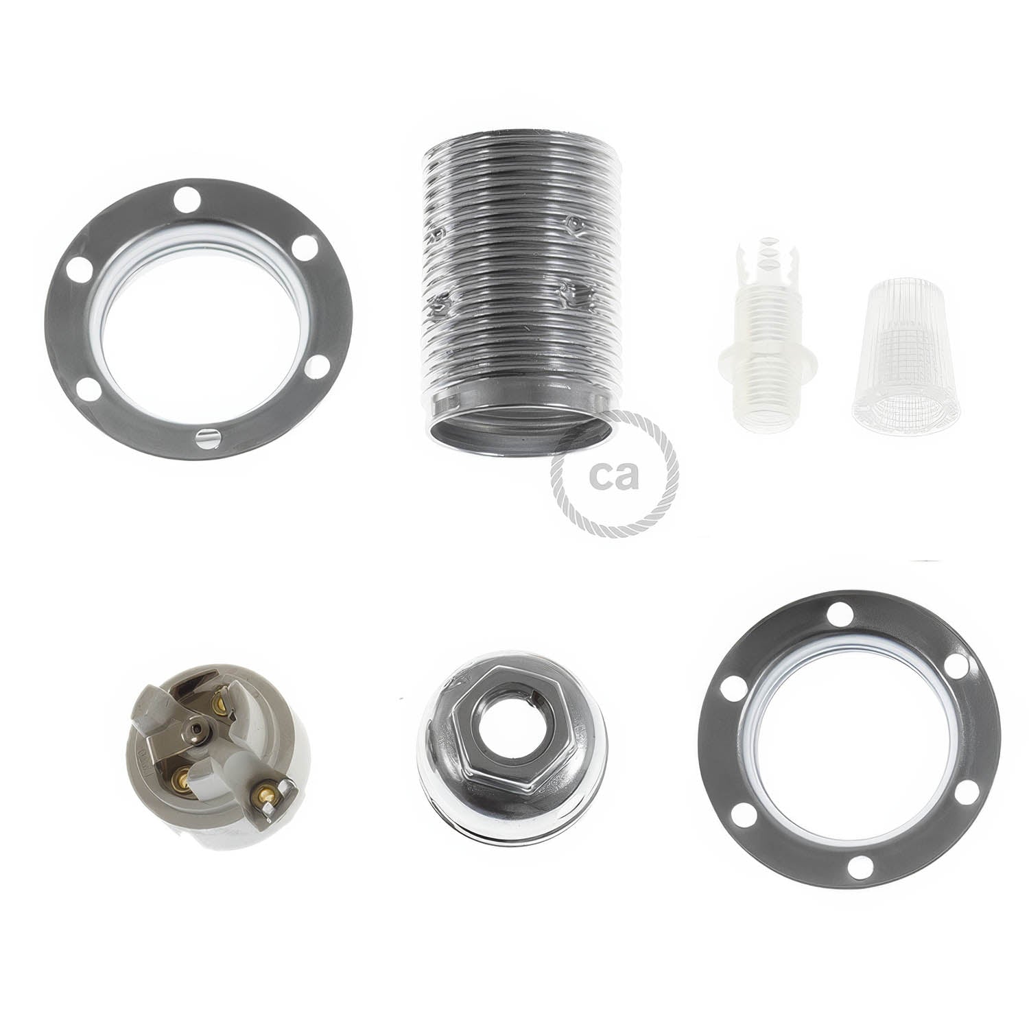 Kit portalampada E14 in metallo con doppia ghiera per paralume - Argento Conico