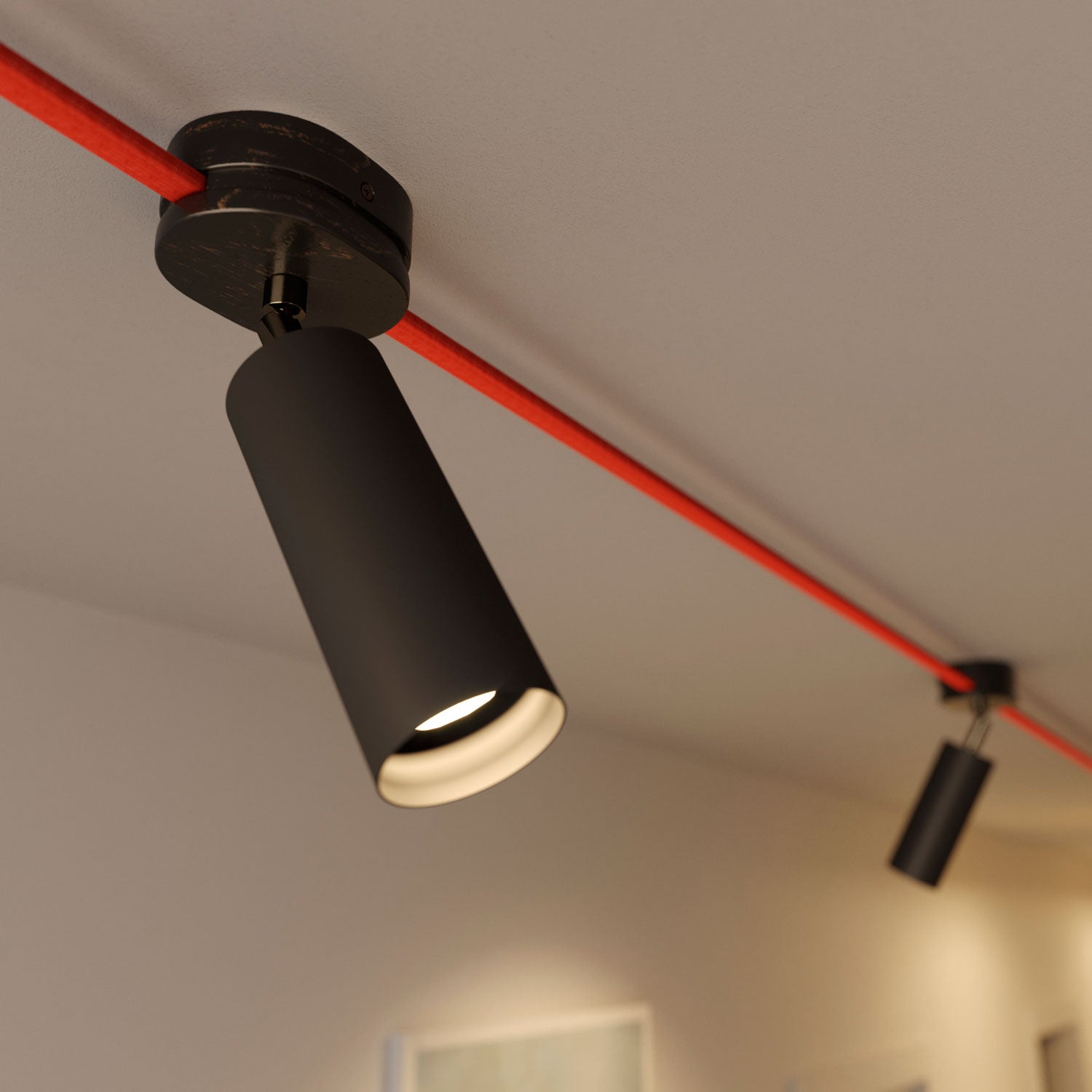 Fermaluce Filè faretto orientabile con paralume in metallo Tub-E14, lampada a parete o soffitto per Sistema Filè - Nero