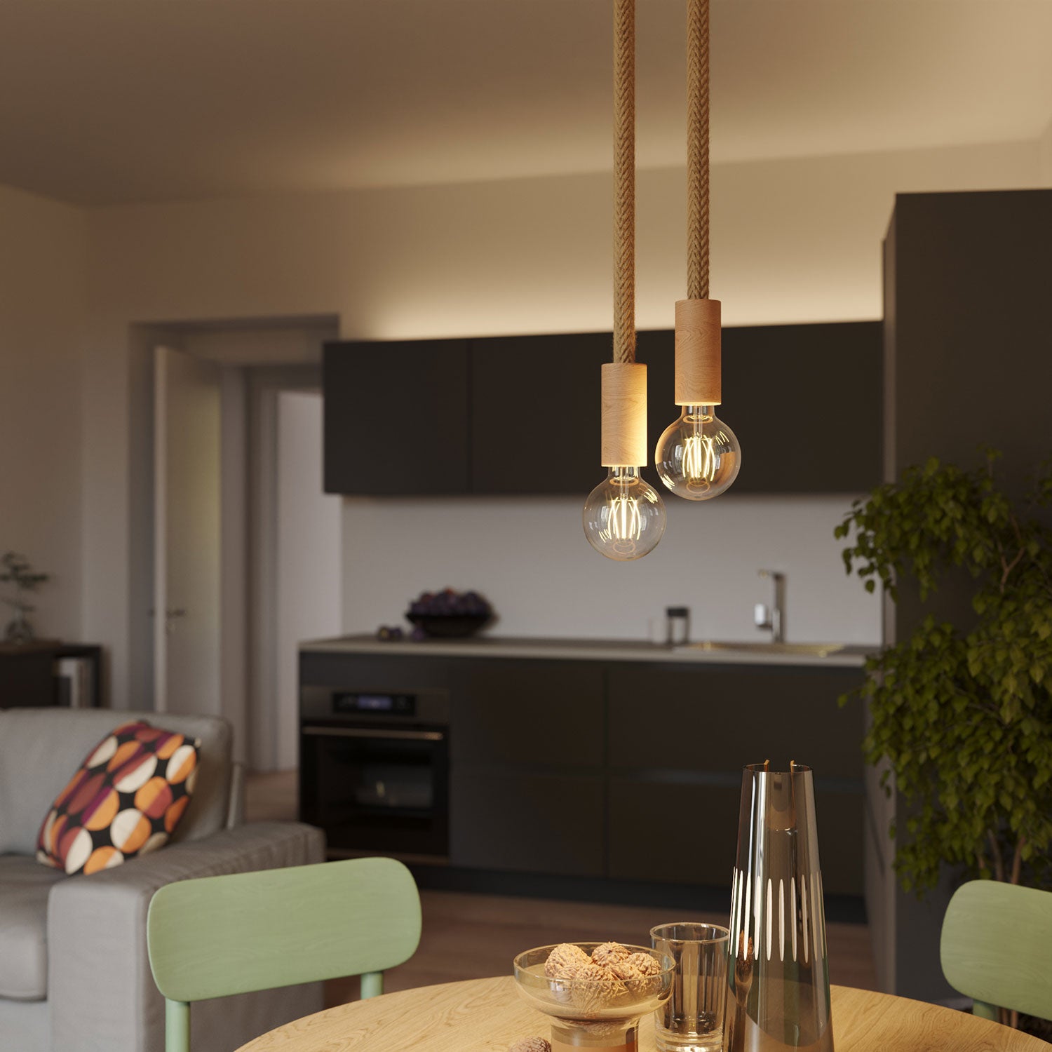 Lampada a sospensione multipla a 2 cadute completa di cordone 2XL e finiture in legno - Neutro