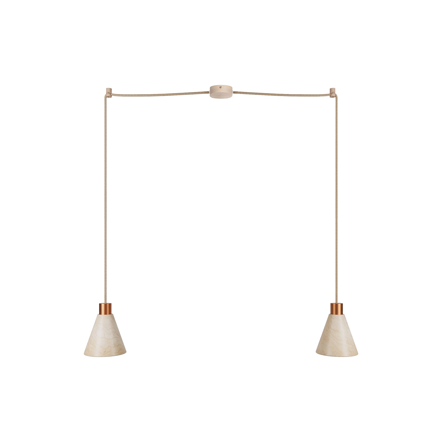 Lampada a sospensione a 2 cadute con paralumi conici in legno - Rame satinato
