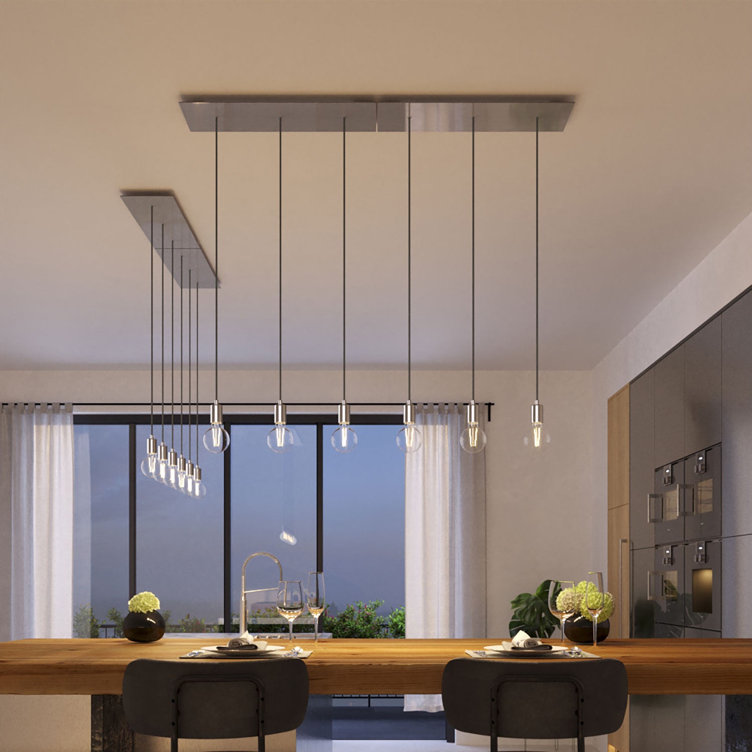 Lampada a sospensione a 3 cadute con XXL Rose-One rettangolare 675 mm con finiture in metallo - Acciaio satinato