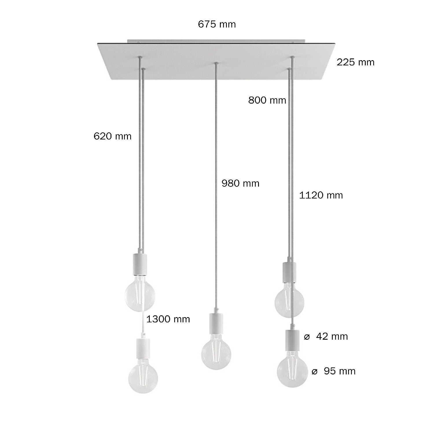 Lampada a sospensione a 5 cadute con XXL Rose-One rettangolare 675 mm con finiture in metallo - Bianco opaco