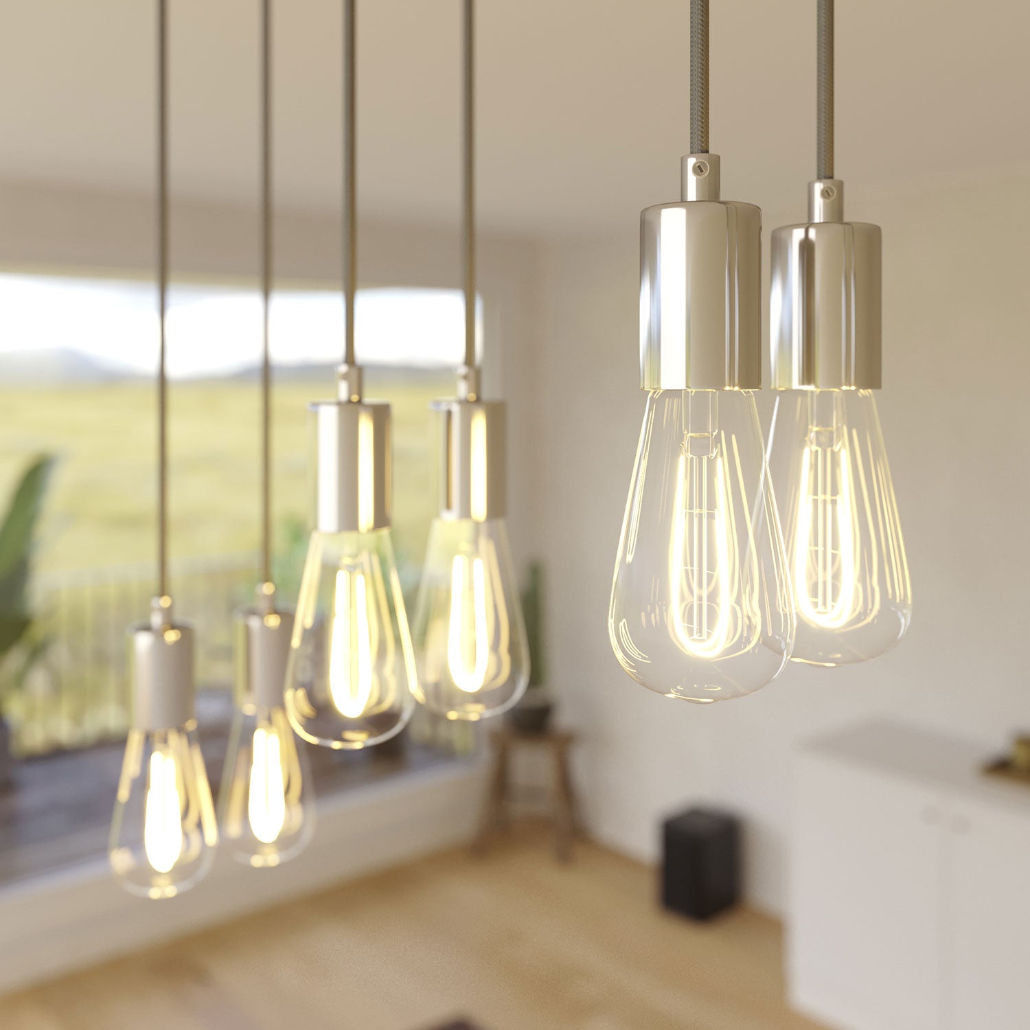 Lampada a sospensione a 6 cadute con XXL Rose-One rettangolare 675 mm con finiture in metallo - Acciaio satinato