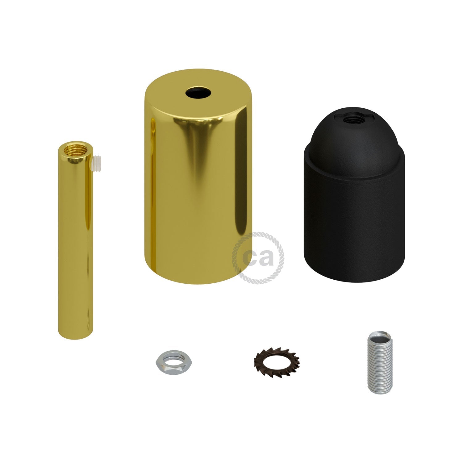 Cylindrical metal UL E26 light bulb socket kit with 7 cm cable clamp - Brass