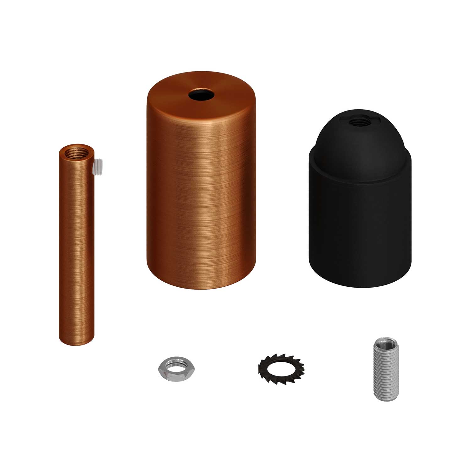 Cylindrical metal UL E26 light bulb socket kit with 7 cm cable clamp - Brushed copper