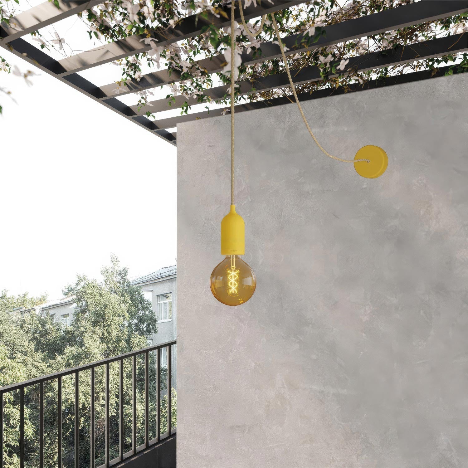 EIVA PASTEL Outdoor pendant lamp with textile cable, decentralizer, canopy and socket for wet locations - Yellow mustard