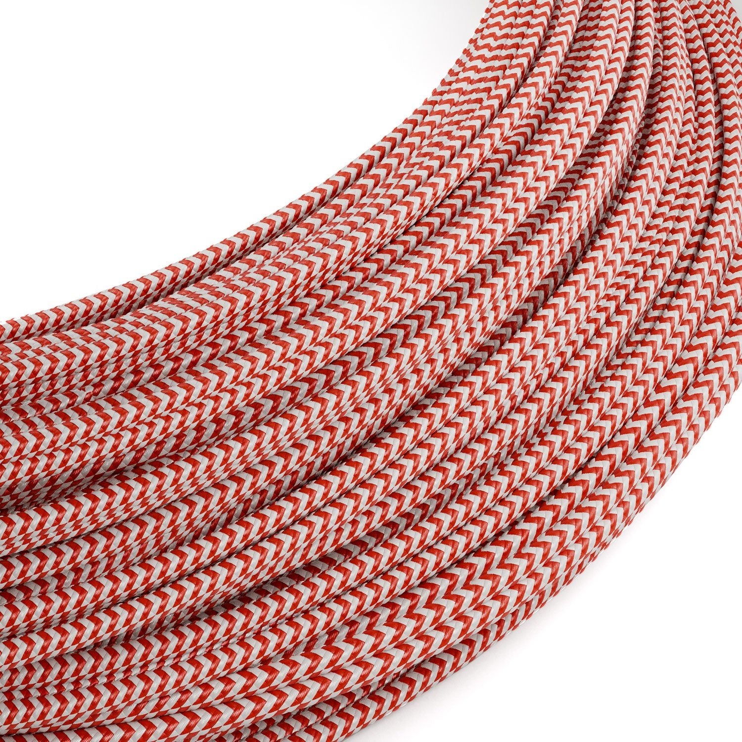 Extra Low Voltage power cable coated in silk effect fabric ZigZag White and Red RZ09