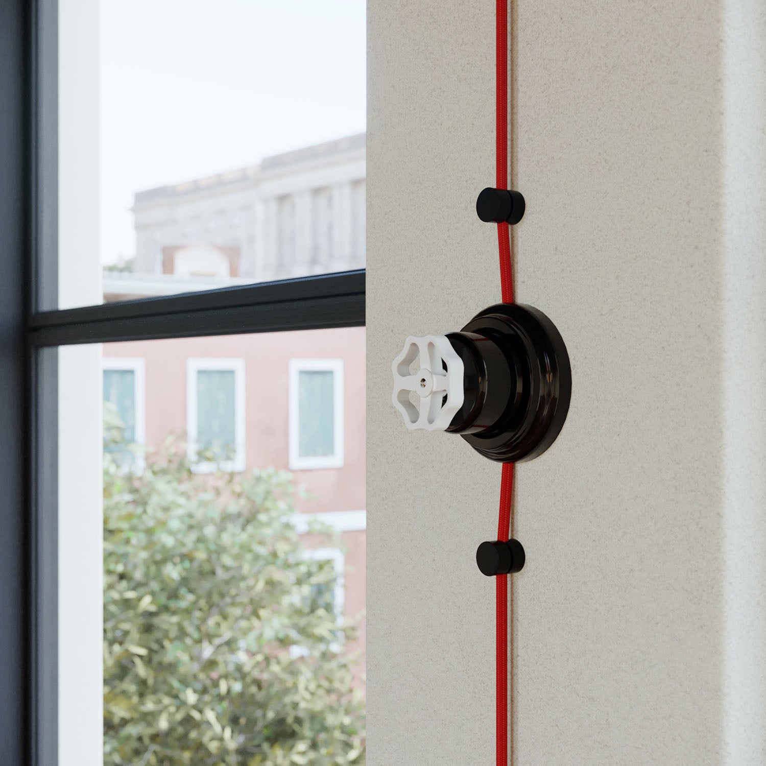 Kit interruttore/deviatore con manopola e base in porcellana nera Bianco