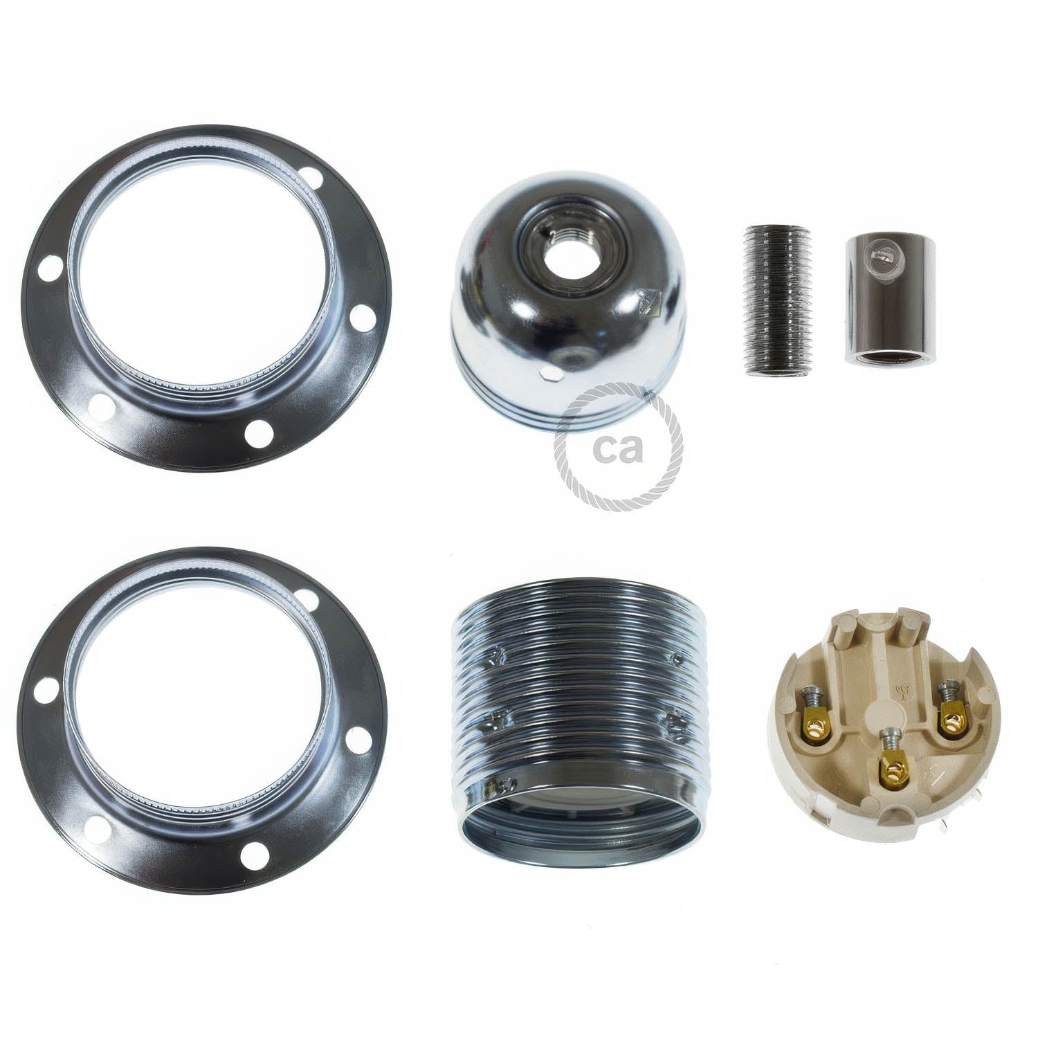 Kit portalampada E27 in metallo con doppia ghiera per paralume - Argento Cilindrico