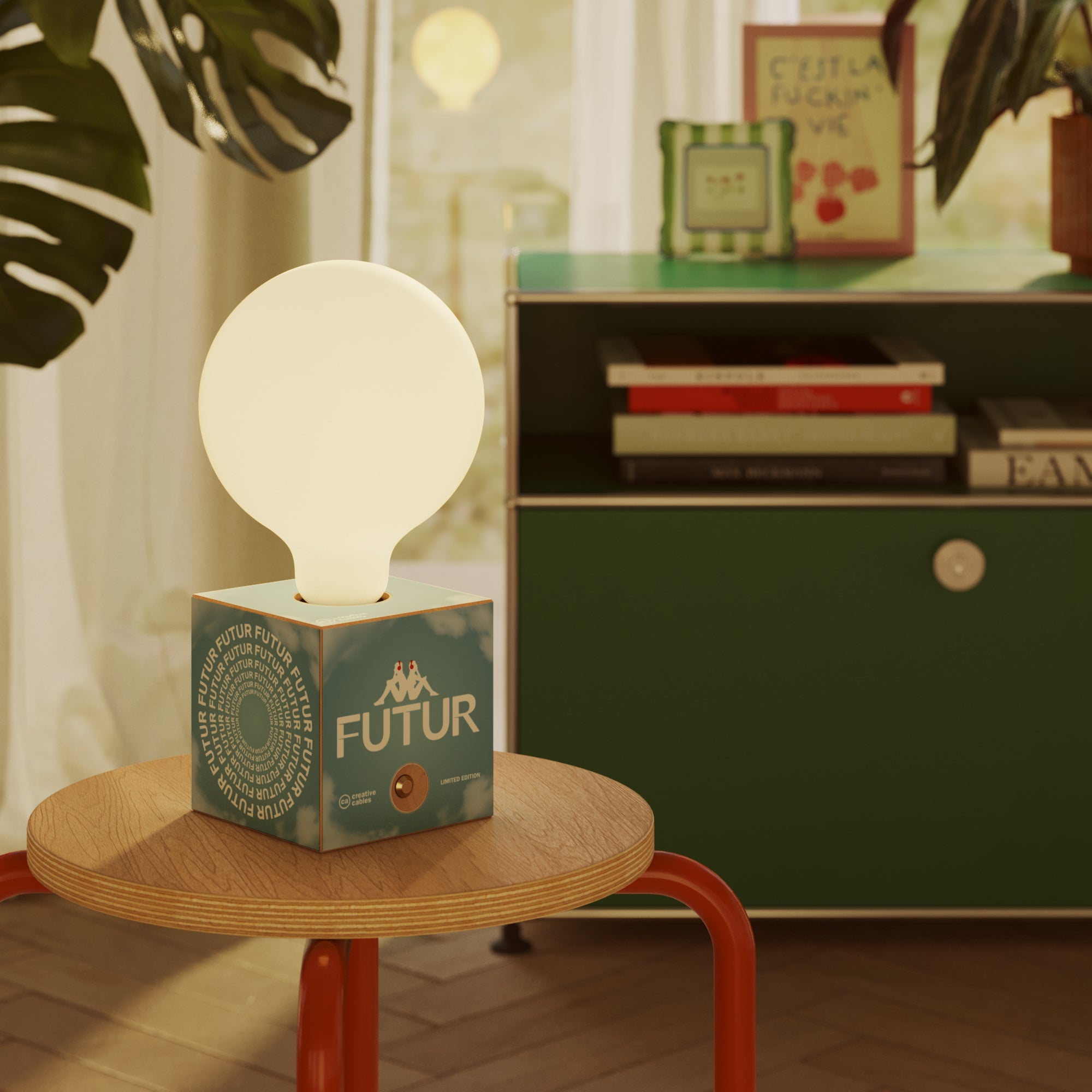 Lampada a batteria Cabless03 "Futur" con lampadina globo effetto porcellana - Futur Festival - Creative Cables