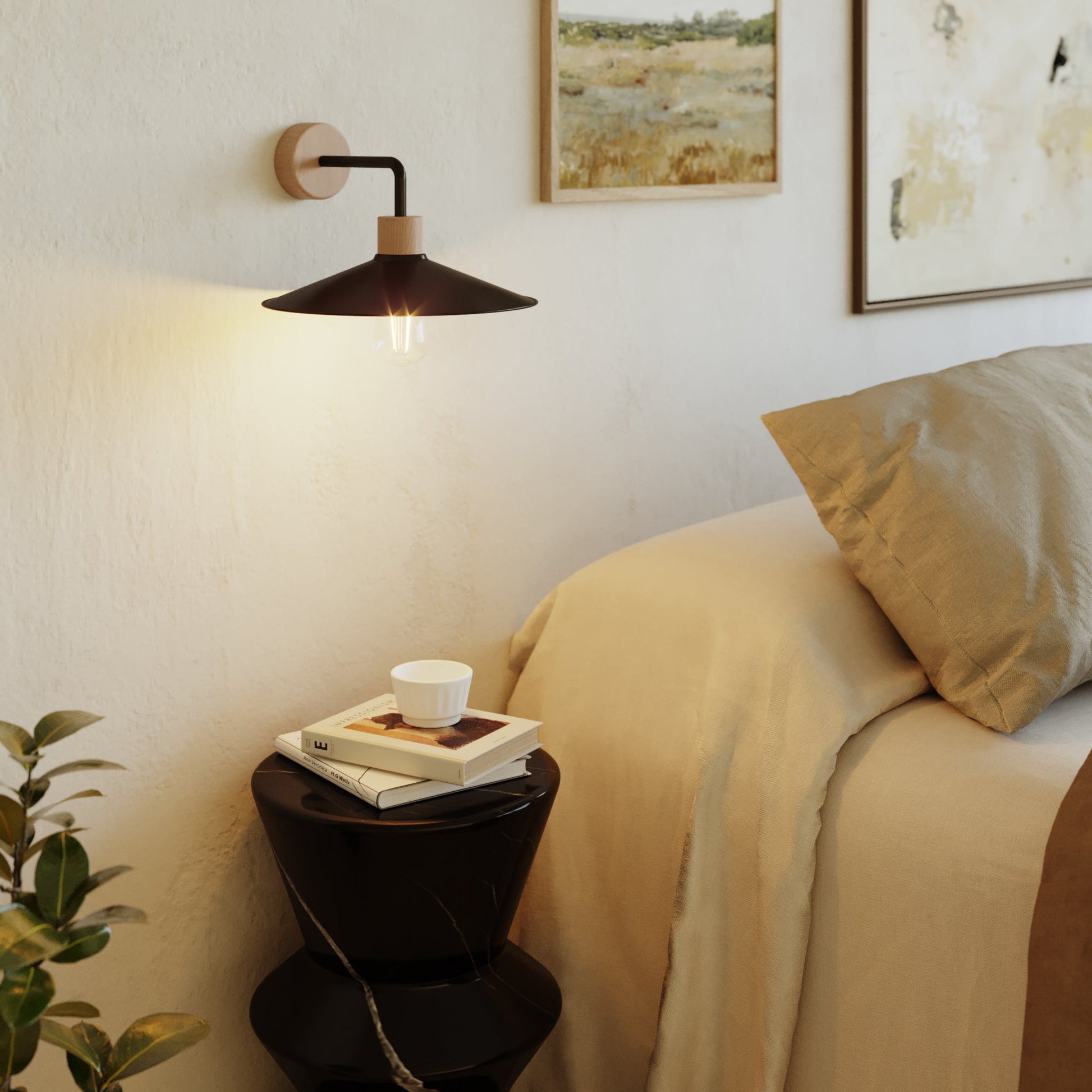 Lampada a muro in legno con paralume Swing ed estensione curva - Fermaluce Wood - Neutro
