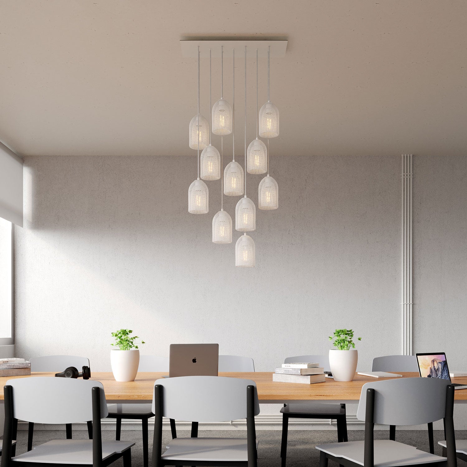 Lampada a sospensione a 11 cadute con XXL Rose-One rettangolare 675 mm con paralume in metallo Ghostbell - Bianco opaco