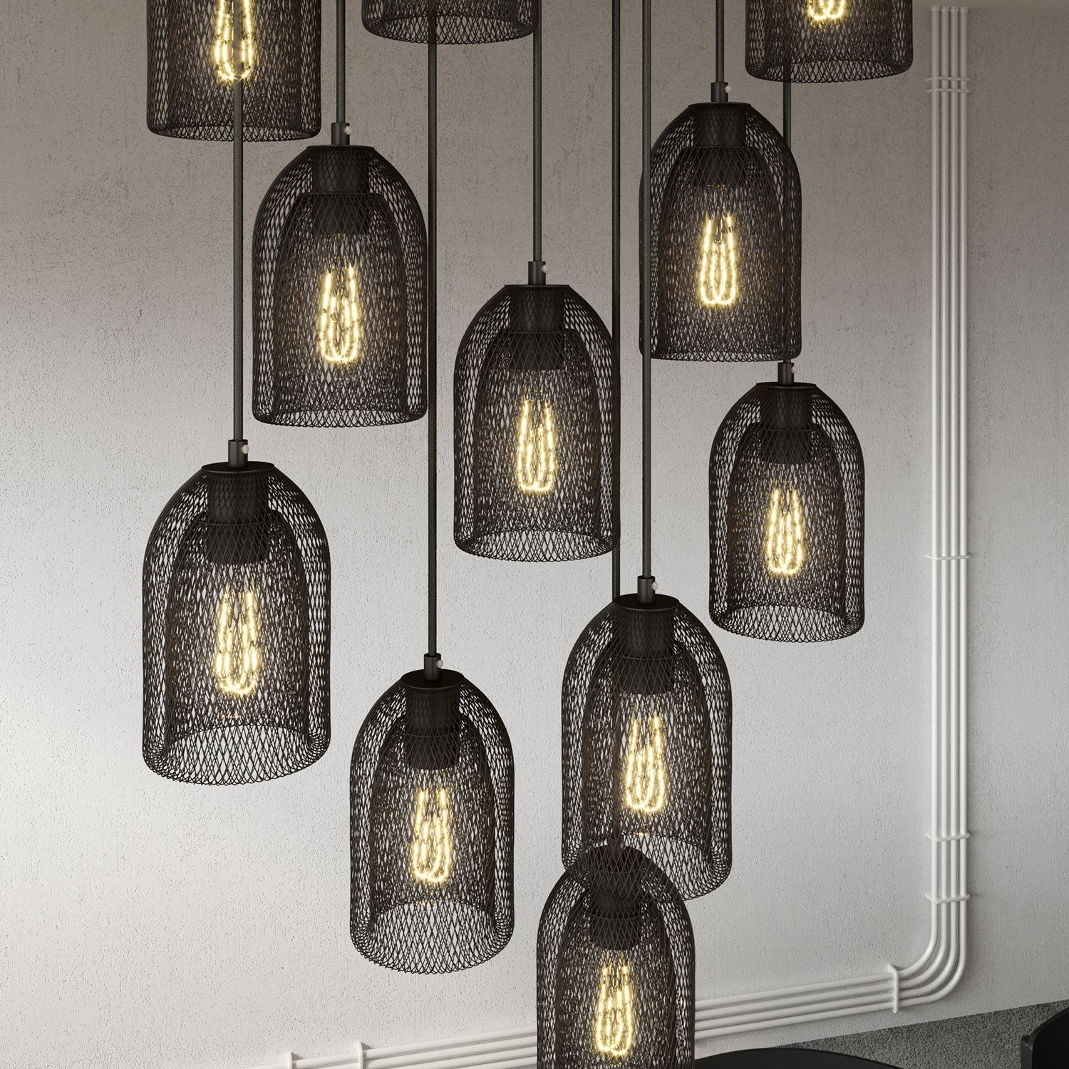 Lampada a sospensione a 11 cadute con XXL Rose-One rettangolare 675 mm con paralume in metallo Ghostbell - Nero opaco