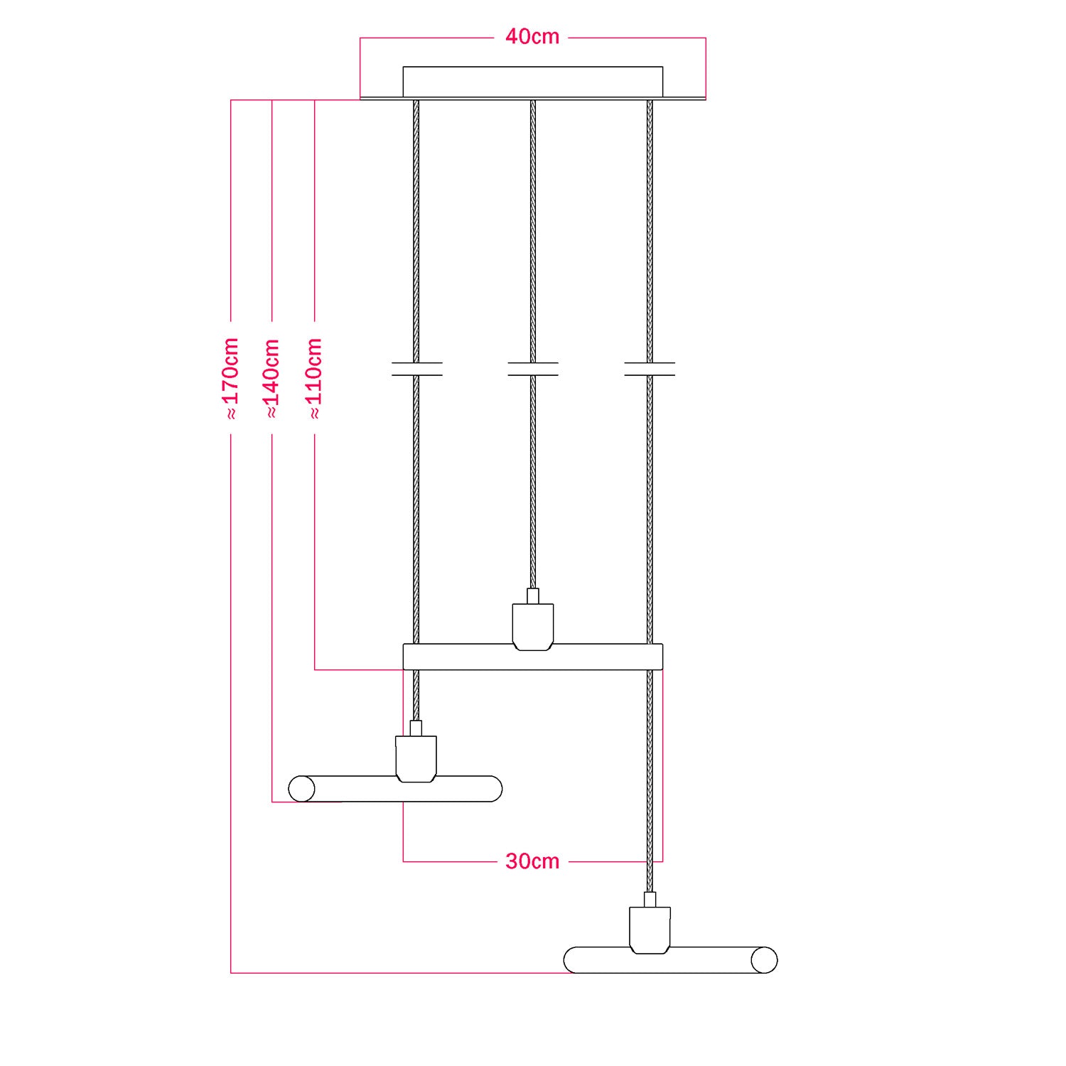 Lampada a sospensione a 3 cadute asimmetriche esse14 con Rose-One completa di cavo tessile e finiture in metallo - Bianco