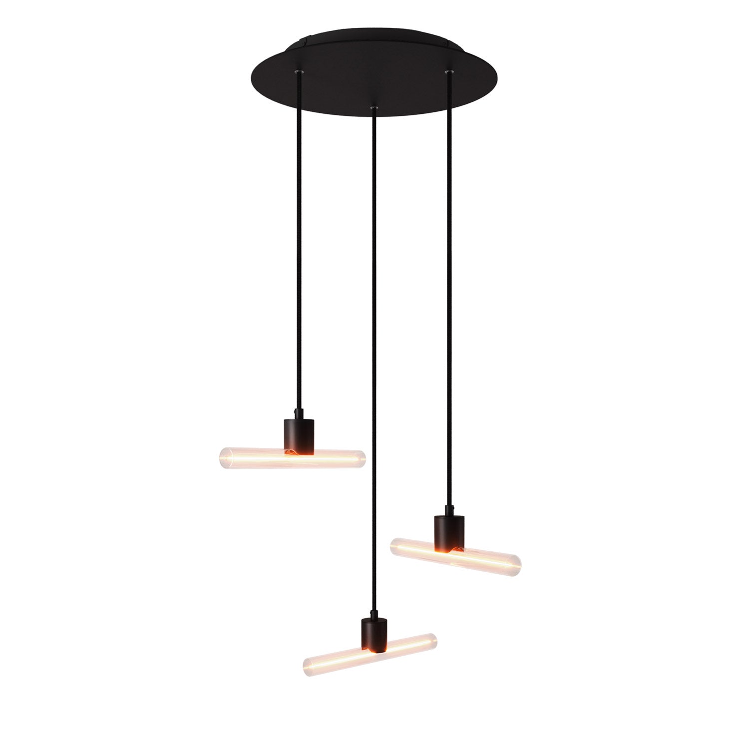 Lampada a sospensione a 3 cadute asimmetriche esse14 con Rose-One completa di cavo tessile e finiture in metallo - Nero