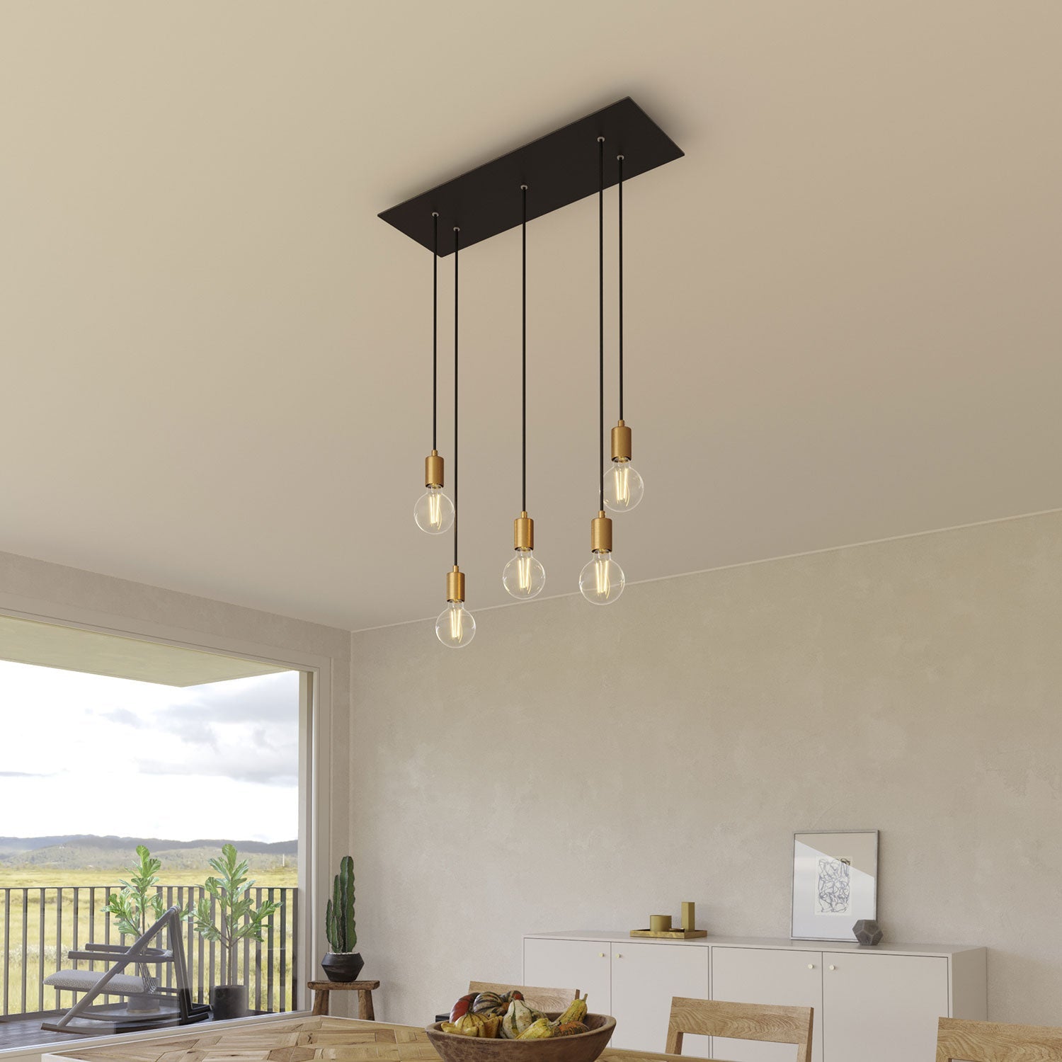 Lampada a sospensione a 5 cadute con XXL Rose-One rettangolare 675 mm con finiture in metallo - Nero opaco