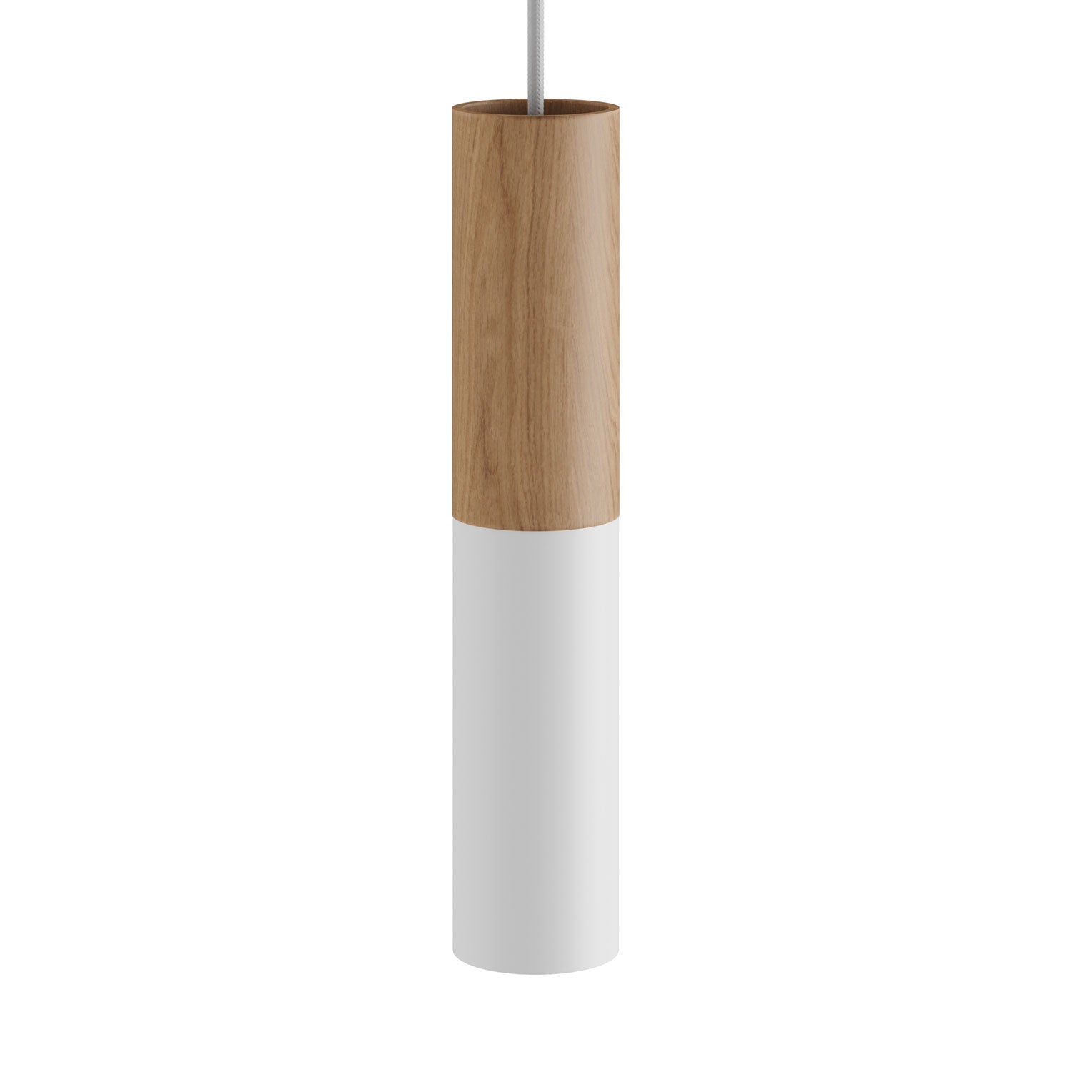 Lampada a sospensione completa di cavo tessile e doppio paralume Tub-E14 in legno e metallo - Bianco opaco