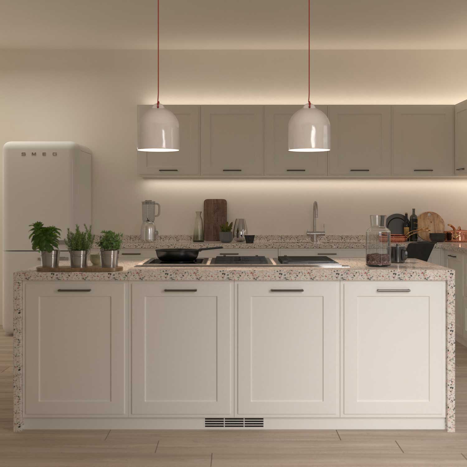 Lampada a sospensione completa di cavo tessile e paralume Campana M in ceramica - Bianco lucido