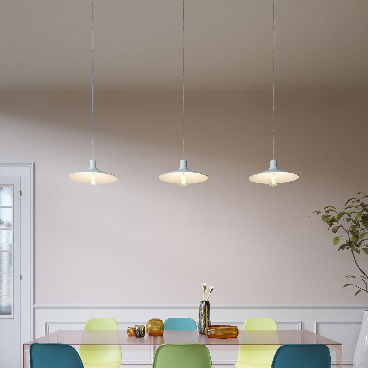 Lampada a sospensione completa di cavo tessile, paralume Swing Pastel e finiture in metallo - Blu carta da zucchero