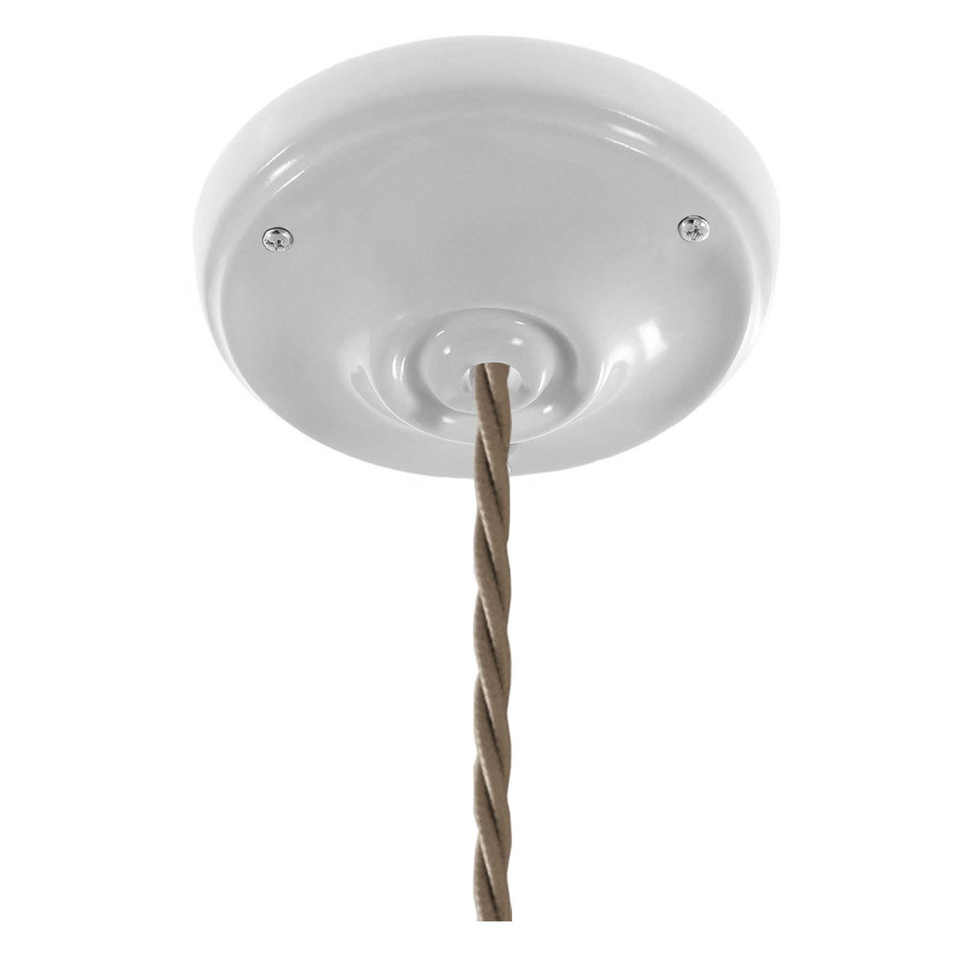 Lampada a sospensione completa di cavo tessile trecciato e finiture in porcellana bianca - Bianco