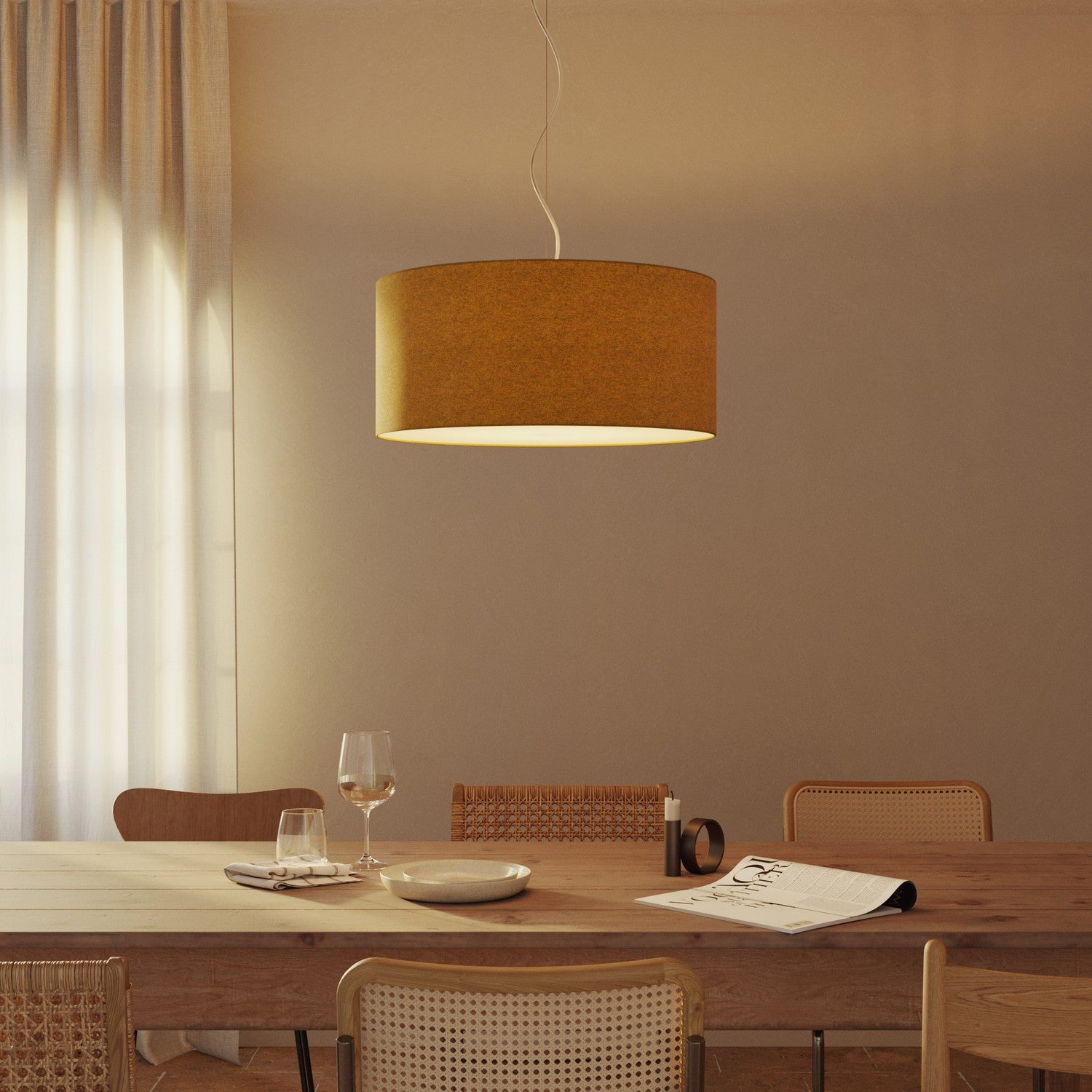 Lampada a sospensione con paralume in tessuto Cilindro Large - Made in Italy - Lana Senape Si