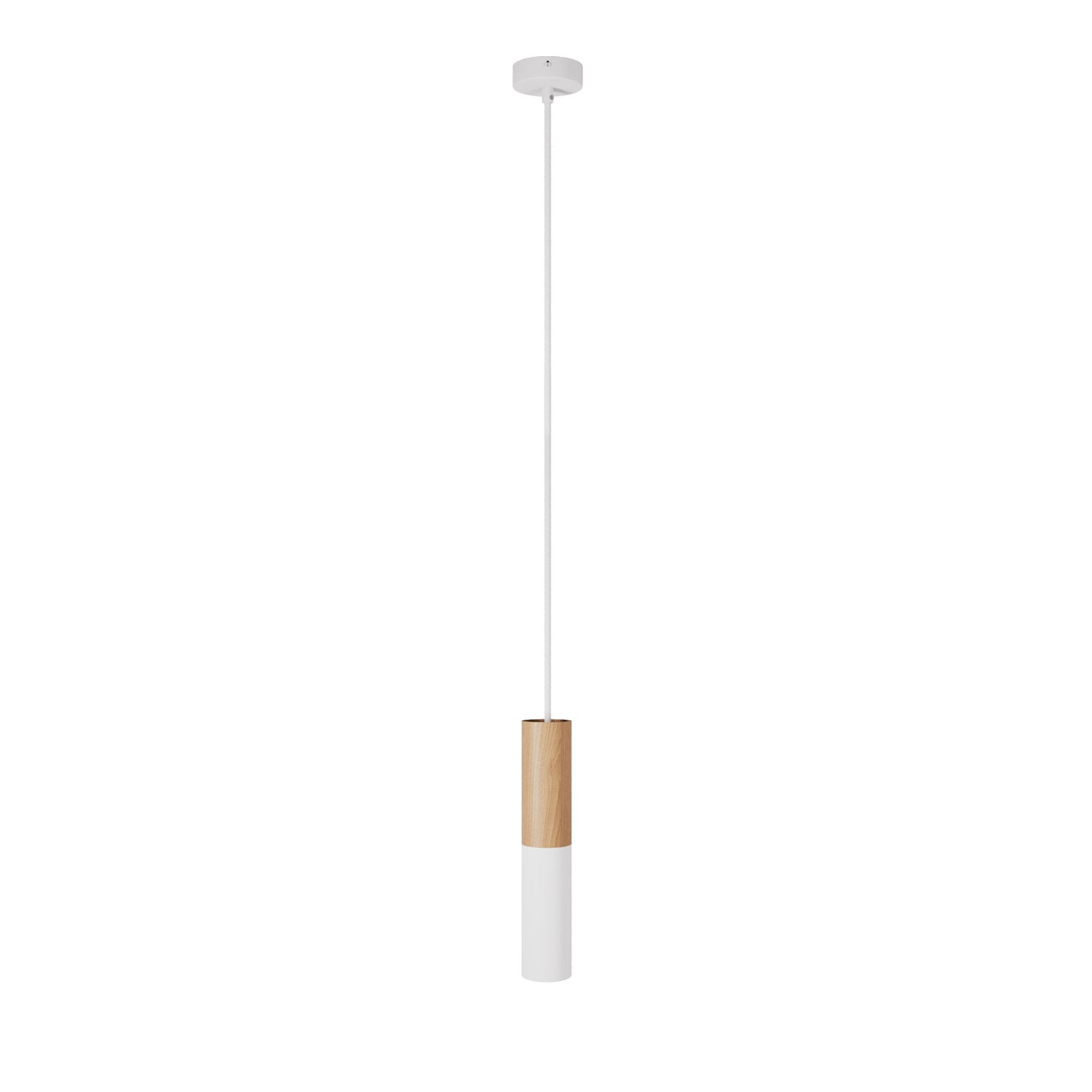 Lampada a sospensione Made in Italy completa di cavo tessile e doppio paralume Tub-E14 in legno e metallo - Bianco opaco