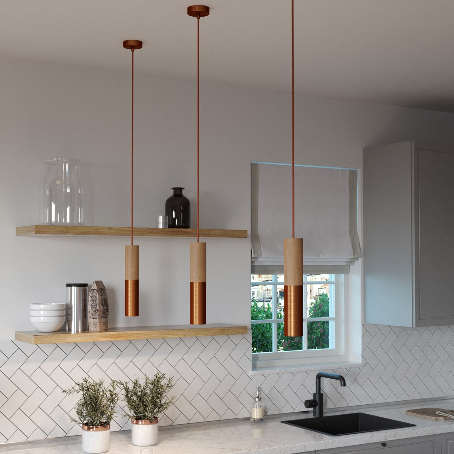 Lampada a sospensione Made in Italy completa di cavo tessile e doppio paralume Tub-E14 in legno e metallo - Rame satinato