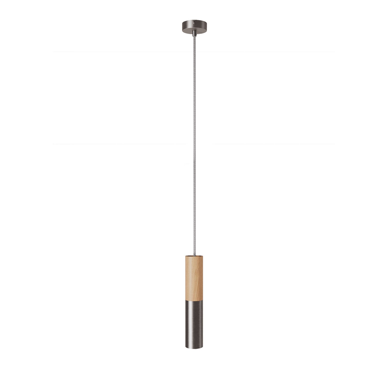 Lampada a sospensione Made in Italy completa di cavo tessile e doppio paralume Tub-E14 in legno e metallo - Titanio satinato