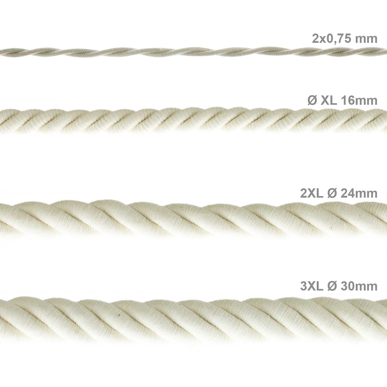 Rope electrical wire 18/3 AWG wire inside. Raw Cotton Fabric