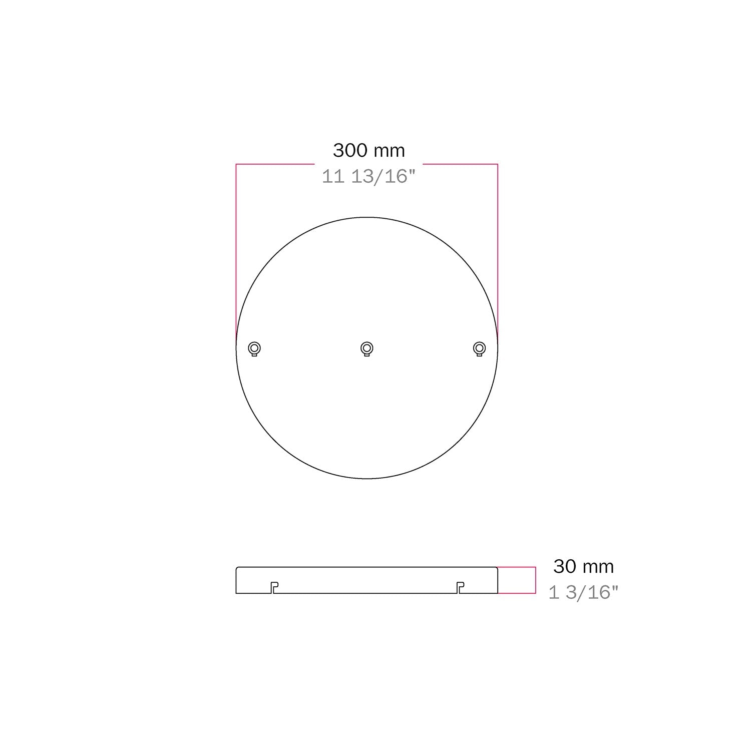 Rosone rotondo in alluminio Ø 30 cm con staffa e cavo di messa a terra, con 3 fori frontali - Nero 0