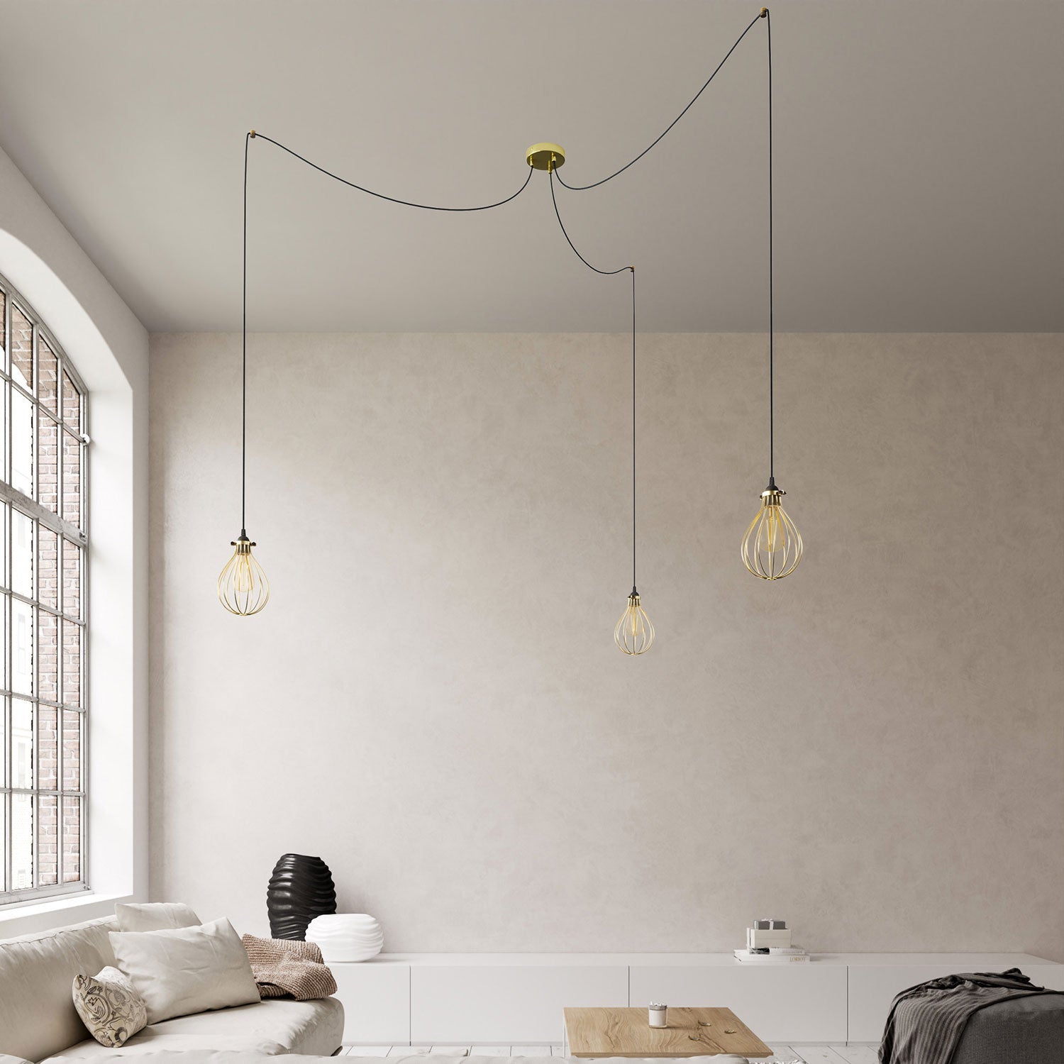 Spider - Lampada a sospensione multipla a 3 cadute con paralume Drop - Ottone